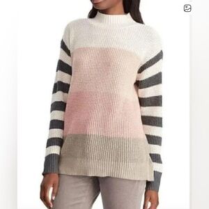 CHAPS sweater mock neck chunky women’s turtleneck pink gray stripes Ralph Lauren